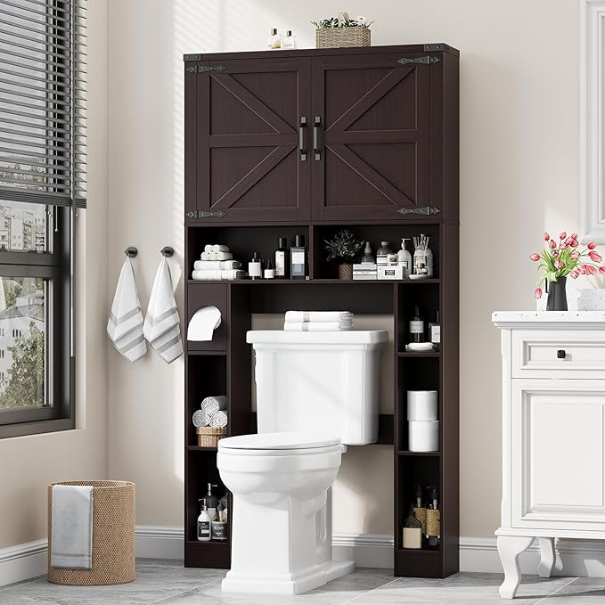 Vabches Over The Toilet Storage Cabinet, Farmhouse Storage Cabinet Over Toilet with 2 Barn Doors ,Toilet Paper Holder Stand,Home Space-Saving Toilet Rack, for Laundry, Restroom, Bathroom(Walnut)