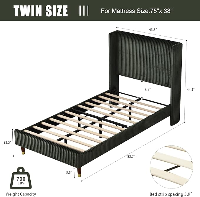PINJU Twin Size Bed Frame, Upholstered Platform Bed with Modern Vertical Striped Wingback Headboard with Wooden Slats, Easy to Assemble No Noise Free (Green, Twin)