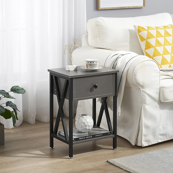 VECELO End Tables, Modern Nightstand with Drawer & Shelf, Night Stand for Bedroom Living Room,Industrial Metal Frame