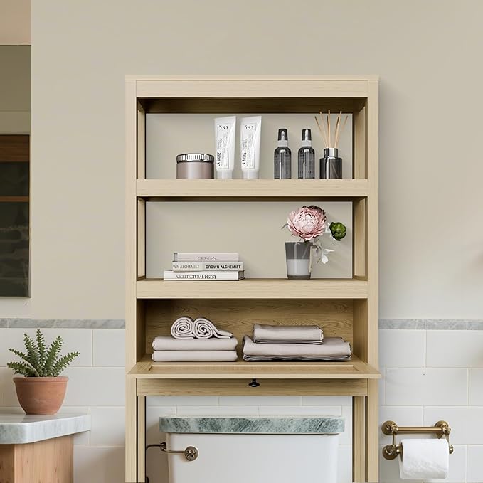 Over The Toilet Storage Cabinet, Behind Toilet Bathroom Organizer with Adjustable Shelves, Above Toilet Organizers with Rattan Door, Space Saver for Restroom, Bathroom, Laundry