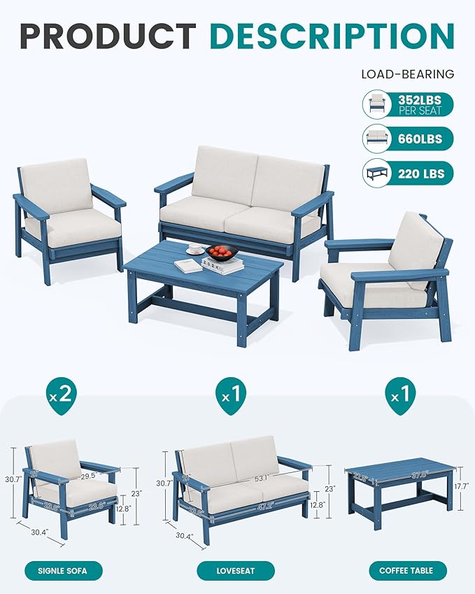 SERWALL 4 Piece HDPE Outdoor Furniture Set, All Weather Wood-Like Outdoor Sofa Sectional Couch, Bllue Patio Furniture Set with Khaki Cushions