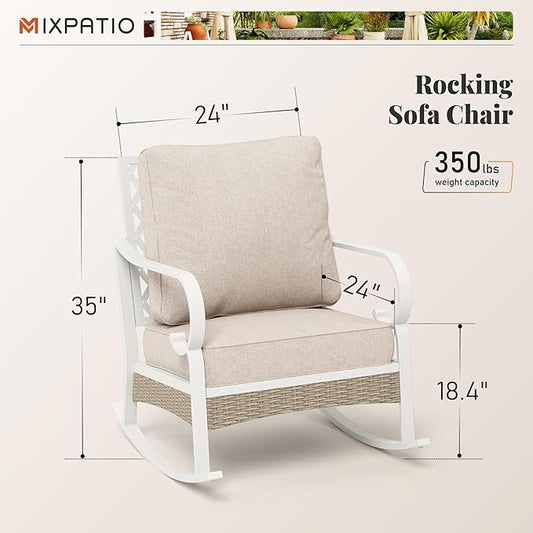 Outdoor Patio Rocking Sofa Chairs Set of 2 Steel Frame Porch Furniture with Deep Seating and 5.5" Cushions for Lawn Backyard Deck, Beige