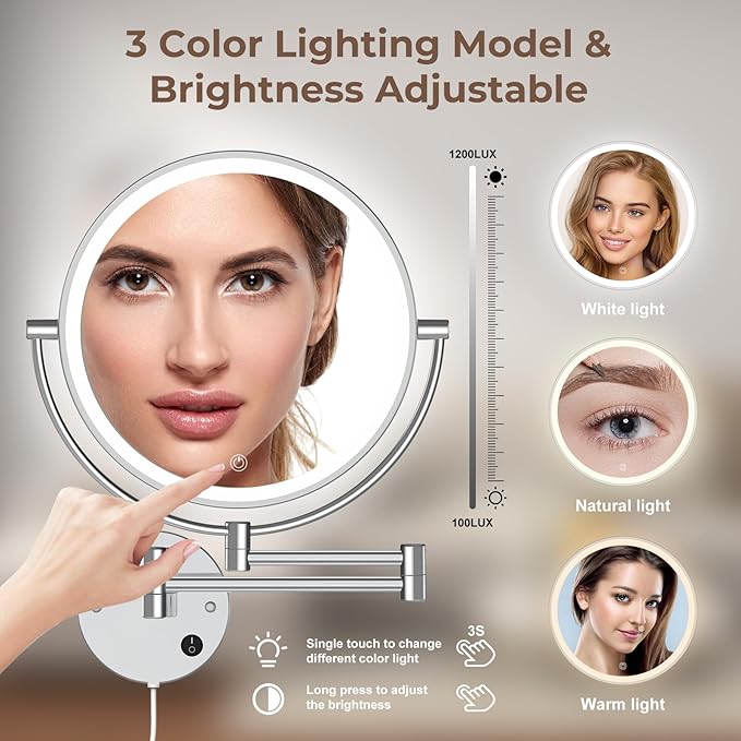 Rocollos 9" Plug-in Wall Mounted Lighted Makeup Mirror 1X/10X Magnification, Super Large Double Sided LED Vanity Mirror for Bathroom, 3 Color Dimmable 360°Swivel Extendable Shaving Cosmetic Mirror