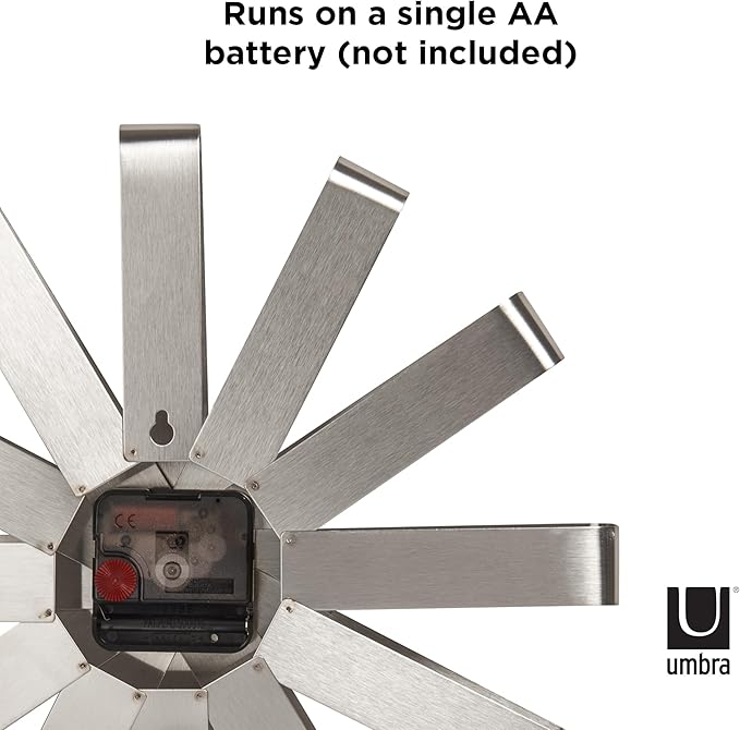 Umbra Ribbon Modern 12-inch Wall Clock, Battery Operated Quartz Movement, Silent Non Ticking Wall Clock, Stainless Steel