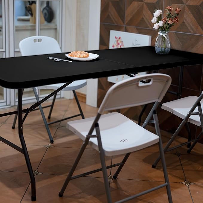 Folding Table 6FT HDPE 6 Foot Foldable Table Portable Banquet Surface Fold-in-Half Desk Utility for Working Meeting Parties, Picnic, Camping, Weddings, Catering, Garden Dining-Black