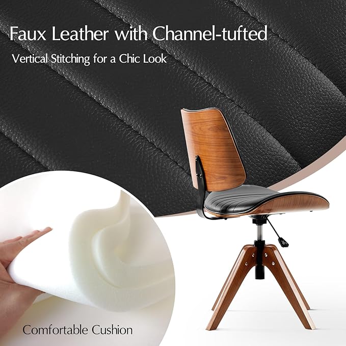HULALA HOME Office Desk Chair with Solid Wood Legs, Adjustable Height & 360° Swivel, Comfy Bentwood Faux Leather Tufted Task Chair, Black