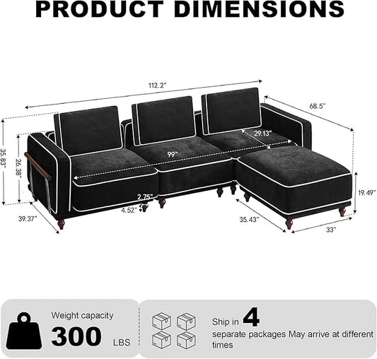 112" 3 Seater Cloud Couch with Ottoman,Modular Sectional L Shaped Sofa with Armrests Wooden Legs,Oversized Deep Seat Comfy Thicked Cushion Upholstered Sofa for Living Room Bedroom,Black
