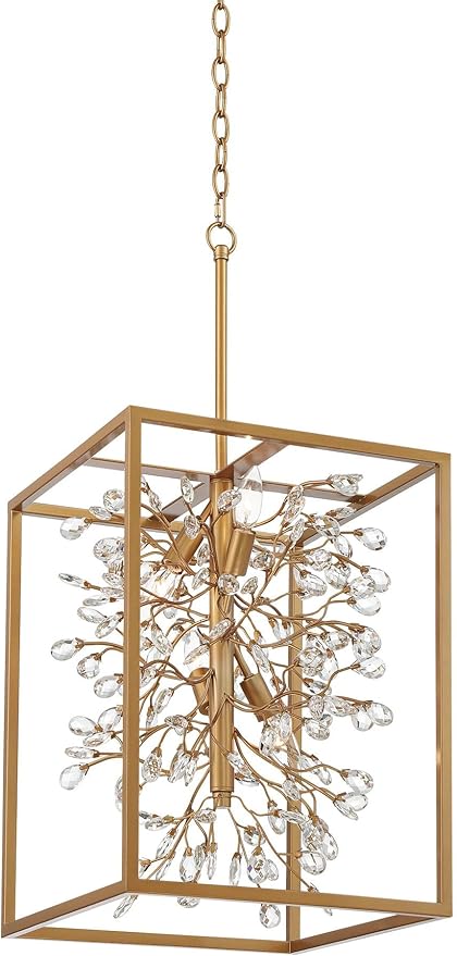 Possini Euro Design Carrine Light Brass Gold Pendant Chandelier Lighting 15 1/4" Wide Modern Clear Crystal Accents 4-Light Fixture for Dining Room House Home Foyer Kitchen Entryway Bedroom Living