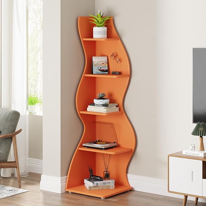 Tribesigns Corner Shelf, Modern 5-Tier Wall Corner Bookshelf, Stylish Corner Small Bookcase Storage Rack Plant Stand with Unique Shape for Living Room, Home Office (Orange, 1PC)
