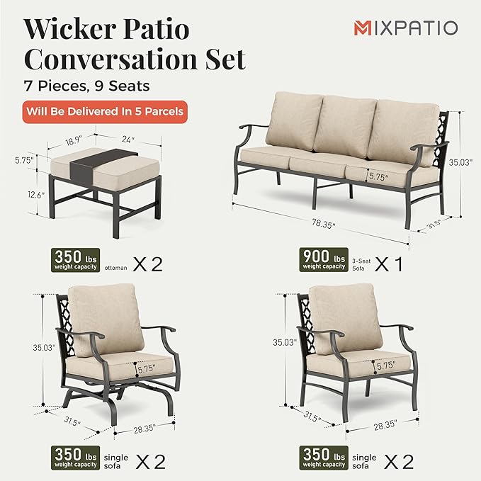 Patio Furniture Set 7 pcs, Outdoor Patio Furniture, 3-Seat Sofa, 2 Single Chairs, 2 Rocking Chairs, 2 Ottomans and 5.75" Extra Thick Cushion, Patio Conversation Set for Backyard Deck,Beige