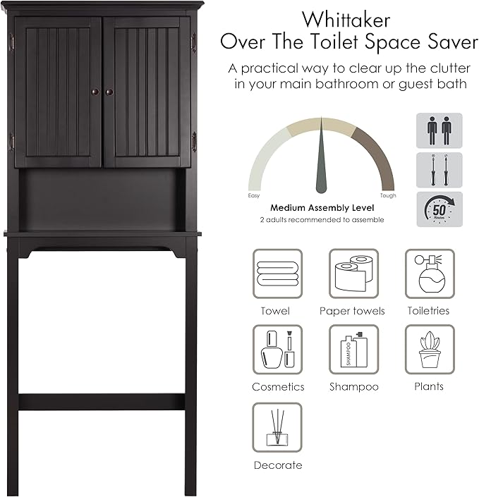UTEX Bathroom Storage Over The Toilet, Above Toilet Storage Cabinet Organizer with Adjustable Shelves and Double Doors, Espresso