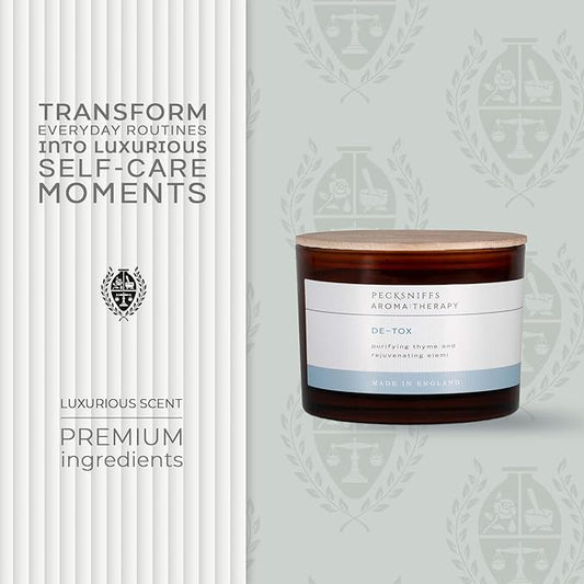 Pecksniff's Aromatherapy De-Tox 3-Wick Candle | Elemi & Thyme with Spicy Pine Scent | 285g/10oz Long-Lasting Relaxation