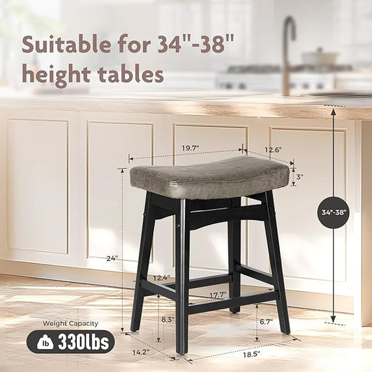 ALPHA HOME Bar Stools Set of 2, Solid Wood Saddle Kitchen Stools with Grey PU Leather Cushion Counter Height Barstools with Wooden Base for Kitchen Dining Cafe, 24 Inch, Grey, 2PCS