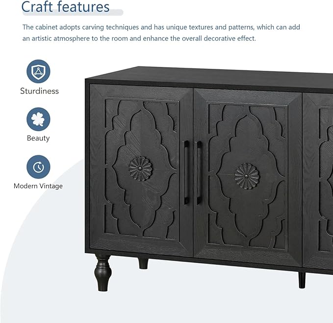 Sideboard Buffet Credenzas for Living Room, 63" Antique Black Entryway Table with Storage Accent Cabinet, Carved Flowers Doors & Wire Holes