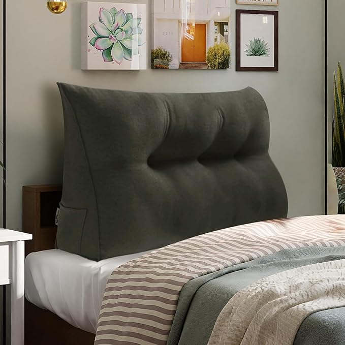 WOWMAX 85% Linen 15% Cotton Blend Headboard Pillow – Twin Size Reading Wedge Backrest for Bed, Handmade Firm Support Bolster Cushion with Removable Cover, Premium Bed Rest Pillow, Deep Gray