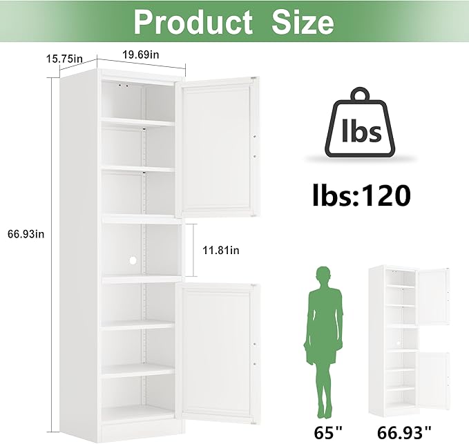 Tall Narrow Storage Cabinet 66.93" H Tall Bathroom Cabinet Metal Pantry Cabinets, 4 Adjustable Shelves for Kitchen, Home Office, Living Room, Dinning Room (20 inches Wide White)