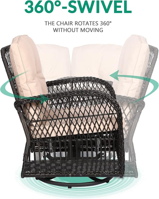 VIVIJASON 3-Piece Outdoor Conversation Bistro Set, Patio Swivel Glider Rocking Chairs Rattan Furniture Sets w/ 2 Rattan Chairs, Cushions, Glass Top Side Table for Porch Backyard, Dark Brown