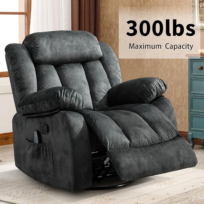 CANMOV Massage Swivel Rocker Recliner Chair with Heat and Vibration, 360 Degree Swivel Manual Recliners Antiskid Fabric Single Sofa Heavy Duty Reclining Chair for Living Room, Grey Green