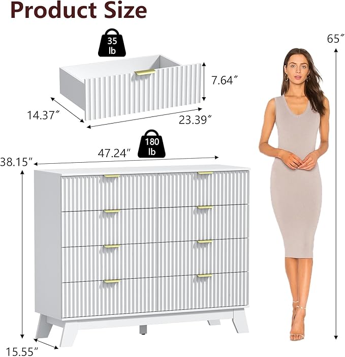 Fluted Dresser for Bedroom,8 Drawer Dresser for Closet,Storage Cabinet and Chest of Drawers with Gold Handle,TV Stand,Storage Organizer for Living Room,Hallway,Entryway,White