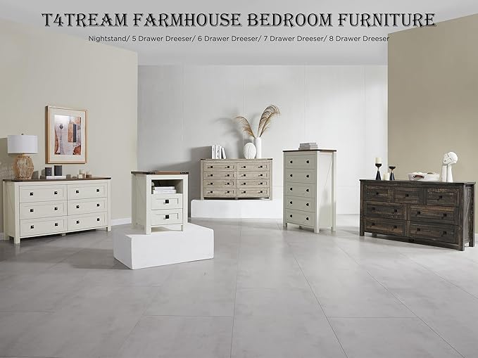 T4TREAM Farmhouse 3 Drawers Dresser for Bedroom, Rustic Wood Wide Dresser TV Stand for Living Room, Hallway, Antique White