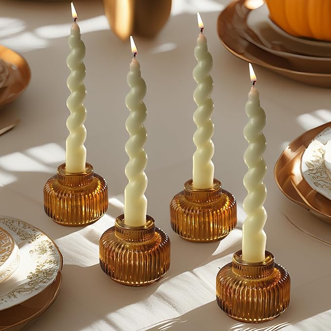 Kate Aspen Amber Taper Candle Holders for Candlesticks Set of 4 - Fluted Candlestick Holders for Fall Decor, Home Decor, Votive Candle Holder Decor, Tea Light Holder, Centerpiece Table Decorations