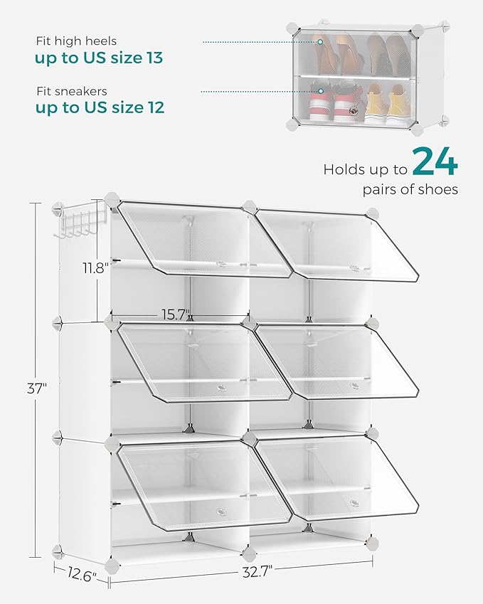SONGMICS Shoe Rack Organizer, 6-Tier Shoe Storage Cabinet for Closet and Entryway, Holds 24 Pairs of Shoes, Adjustable, Cloud White and Trasparent ULPC033W01