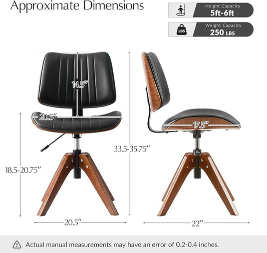 HULALA HOME Office Desk Chair with Solid Wood Legs, Adjustable Height & 360° Swivel, Comfy Bentwood Faux Leather Tufted Task Chair, Black