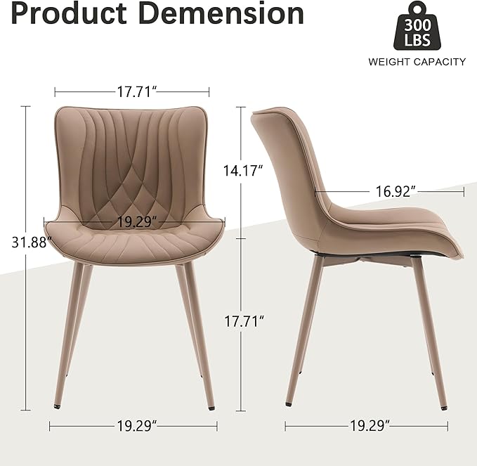 YOUTASTE Modern Upholstered Dining Chairs Set of 2, All Khaki Faux Leather Kitchen Chairs, Mid-Century Armless Accent Chairs with Metal Legs for Living Room, Bedroom