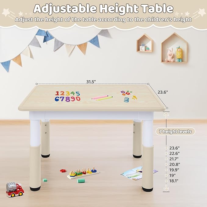 Toddler Table, 7 Level Height Adjustable Kids Play Furniture for Ages 3-8, Rectangular Plastic, 23.6" W x31.5 L, Multi-Activity Desk with Graffiti Desktop for Home & Daycare