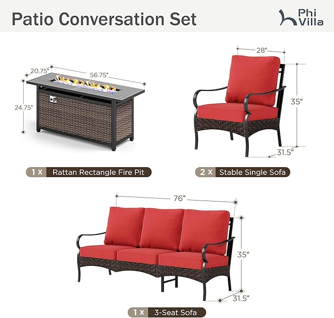 PHI VILLA Patio Furniture Set with 56" Fire Pit Table, Premium Outdoor Wicker Metal Frame Furniture with Upgraded Waterproof Thick Cushions for Porch, Poolside, Deck, and Yard (4 Pieces,Red
