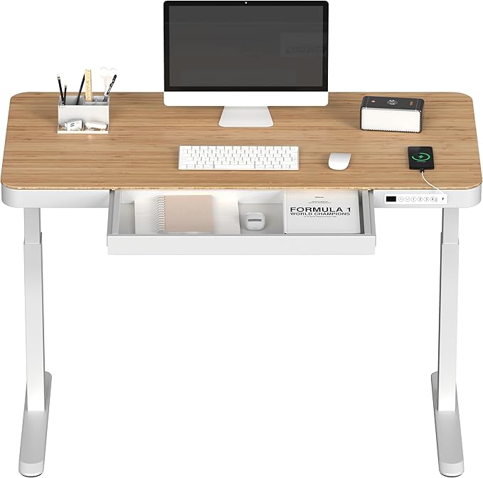 FLEXISPOT Electric Standing Desk with Drawer Storage Adjustable Height Quick Assembly Table w/USB Charge Ports, Child Lock (Natural Desktop + White Frame)