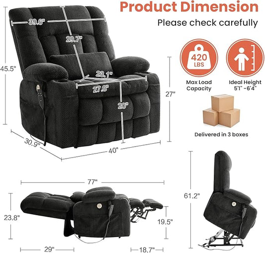 Power Lift Recliner Chair for Adults Oversized Infinite Position Lift Chair for Elderly W/Massage & Heat, Lay Flat Recliner Chair, One-Touch Reset, Cup Holders, Lumbar Pillow, Fabric (Premium, Grey)