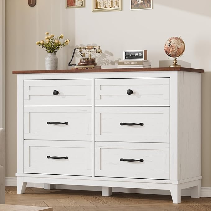 GarveeHome 6 Dresser for Bedroom, 47 in Wide Drawer Dresser with Storage Freestanding, Wooden Closet Storage Chest for Living Room, Bedroom, Entryway, White+Brown