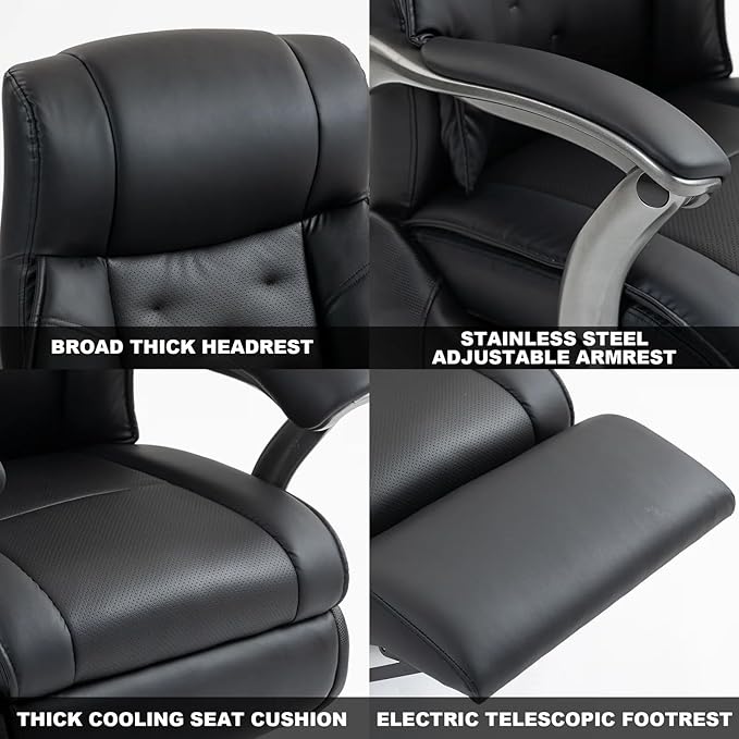 Kinnls Magnus Massage Office Chair with Ventilation and Heating,Leather Power Recliner Chair with Footrest,Big and Tall Ergonomic Comfy Home Office Desk Chairs High Back 500lbs (Black)