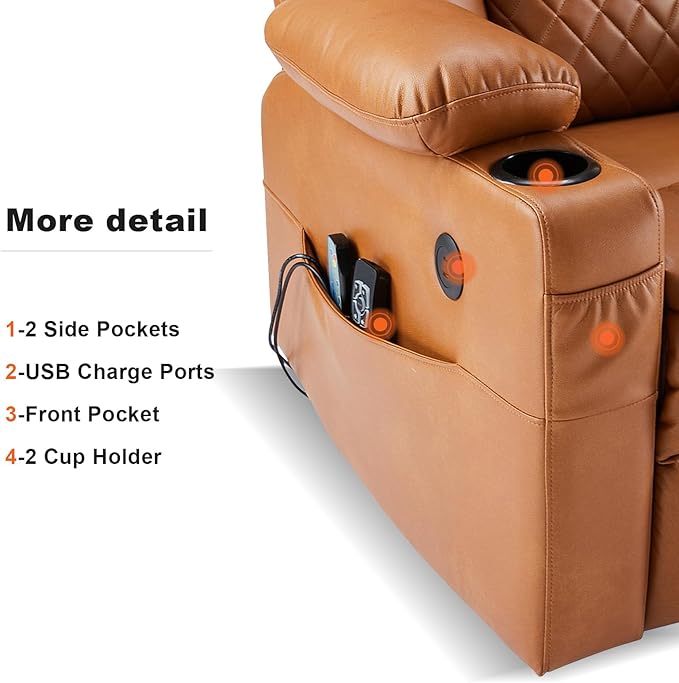 Dual Motor Power Lift Recliner Chairs with Heat and Massage for Elderly, Leather Recliners with Extented Footrest,Infinite Position Lift Chair with Cupholder,USB & Type C Ports(Light Brown)