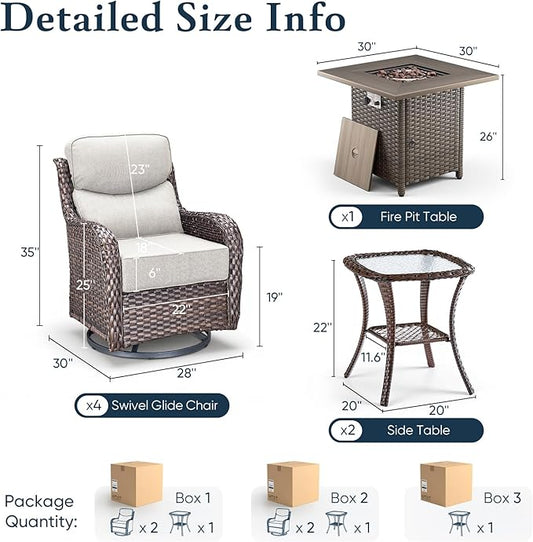Belord Luxury 6" Thick Cushioned Outdoor Swivel Rocker Chairs Set of 4 with Fire Pit Table, High Back Wicker Patio Furniture Set with Ergonomic Zone Back, Conversation Set for Deck Porch - Brown+Beige
