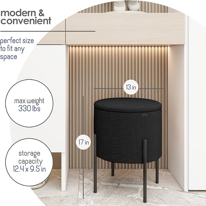 STORAGEBUD Round Ottoman with Storage, Boucle Storage Foot Stool, Makeup Vanity Stool, Small Ottoman Foot Rest, Modern Ottomans for Living Room and Bedroom, Black