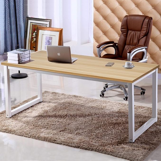 NSdirect 63" Computer Desk,Large Home Office Desk Wide Workstation 1 inch Thicker Tabletop for Writing,Games and Home Work PC Desk Modern Finish Wood Board and Sturdy Steel Legs,Oak+White