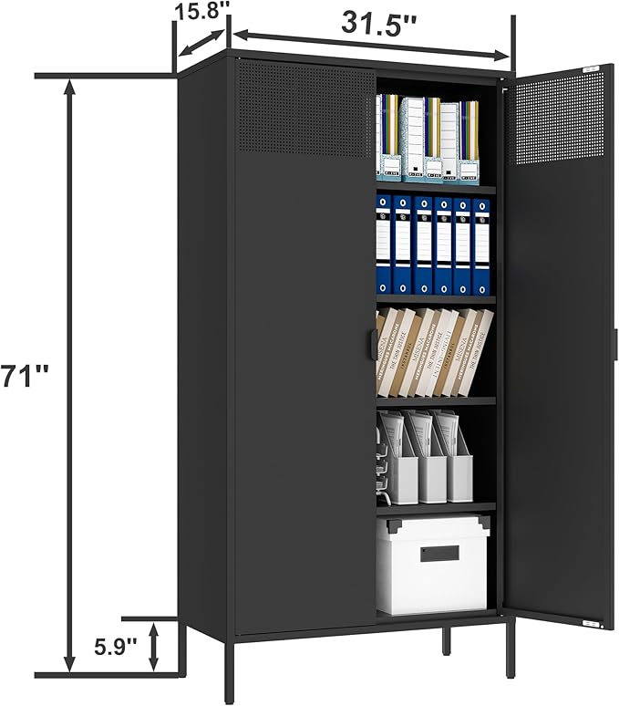 Metal Storage Cabinets with 4 Adjustable Shelves,Black Metal File Cabinet, 71'' Steel Storage for Home & Office, School,Kitchen Pantry,Tool Cabinet,Garage, Black