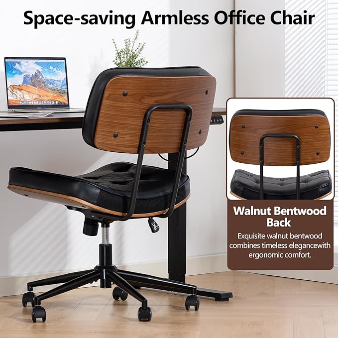 Armless Computer Chair, Small Desk Chair with Wheels and Adjustable Height, PU Leather Modern Swivel Walnut Task Chair for Home Office, Study, Library, Black