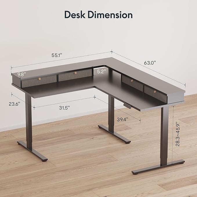 SANODESK 63" L Shaped Standing Desk with 3 Drawers, Height Adjustable Stand up Desk, Corner Gaming Desk with Monitor Stand, Black Frame/Black Top