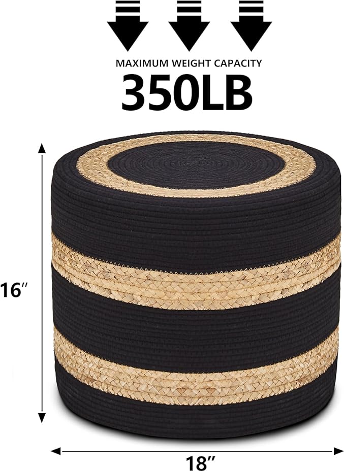 Wimarsbon 18'' Ottoman Pouf, Natural Braided Poof, Rustic Handweave Lounge Pouffe, Boho Footrest Stool for Bedroom, Accent Table or Seat for Living Room (Natural Water Hyacinth + Black Cotton Rope)