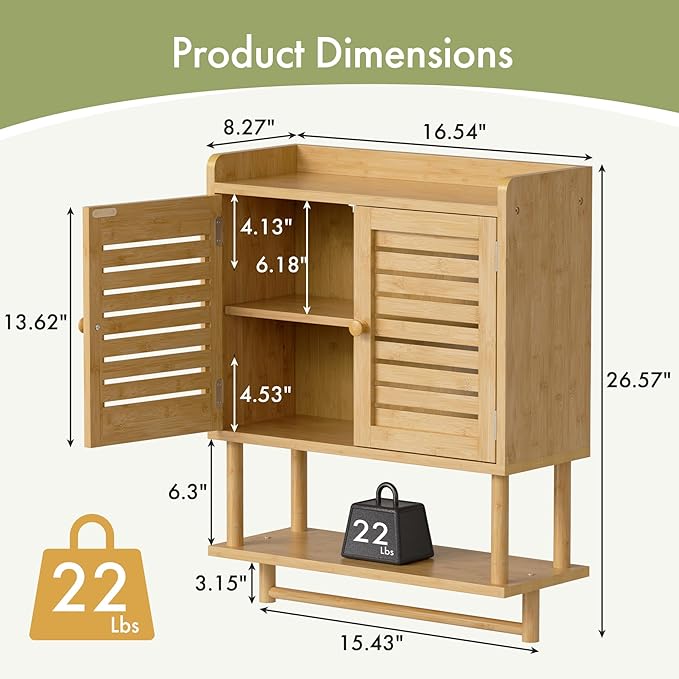 AmazerBath Bathroom Wall Cabinets, Large Bamboo Medicine Cabinets with Towel Bar, Hanging Over Toilet Storage Organizer Cabinet with Adjustable Shelves for Small Spaces, 8.3x21.3x26.6 Inches