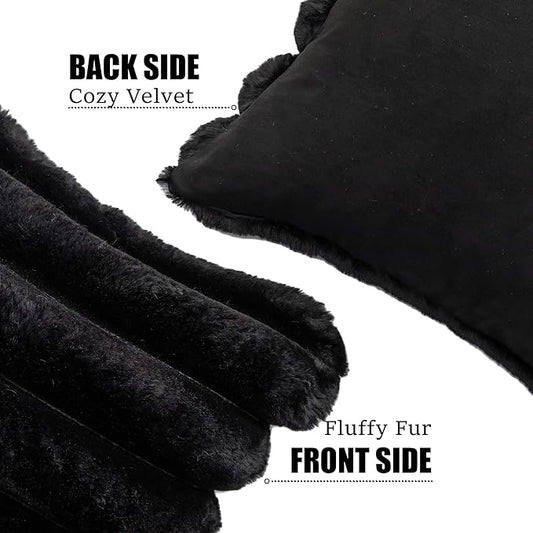 Neelvin Black Faux Fur Cozy Soft Striped Decorative Throw Pillow Covers 22x22 inch Set of 2,Velvet Pillowcase Cushion Case for Sofa Couch