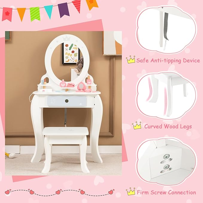 HONEY JOY Kids Vanity, Toddler Wooden Makeup Vanity Table & Chair Set, 10 Pcs Pretend Play Dressing Accessories Toy, Tri-Fold Princess Mirror, Little Girls Vanity Set with Mirror and Stool, White