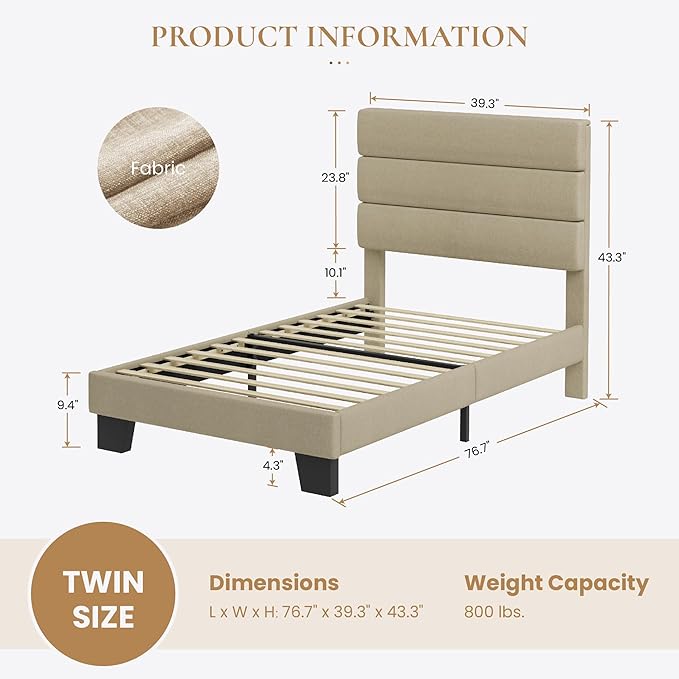 SHA CERLIN Twin Platform Bed Frame with Upholstered Fabric Headboard, Mattress Foundation with Strong Wooden Slats Support, No Box Spring Needed, Beige