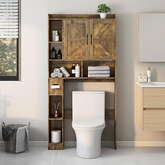 Vabches Over The Toilet Storage Cabinet, Farmhouse Storage Cabinet Over Toilet with 2 Barn Doors & Toilet Paper Holder Stand,Home Space-Saving Toilet Rack, for Bathroom, Restroom, Laundry.