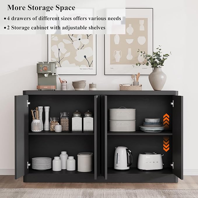 Buffet Cabinet with Storage, 60" Sideboard Buffet Cabinet with 4 Door, Modern Credenza Storage Cabinets with Adjustable Shelves, Solid Wood Handles for Kitchen, Dining, Living Room, Black