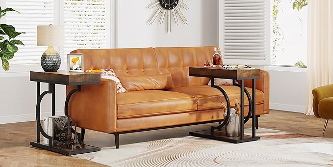Tribesigns Side Table Set of 2 Narrow C Shaped End Table Modern Bedside Tables for Couch, Small Sofa Chairside Table with Metal Frame for Living Room (2, Brown+Black)