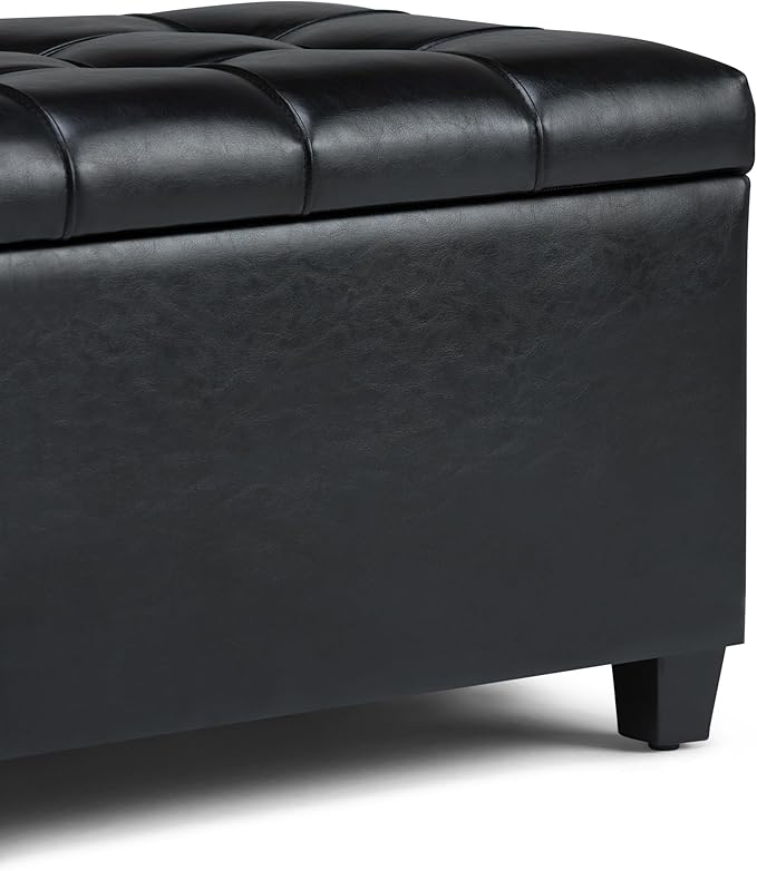 SIMPLIHOME Sienna 33 inch Wide Transitional Rectangle Storage Ottoman Bench in Midnight Black Vegan Faux Leather, Assembled, For the Living Room, Entryway and Family Room
